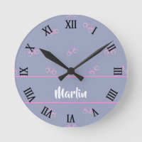 Custom name tiny bicycles on blue round clock
