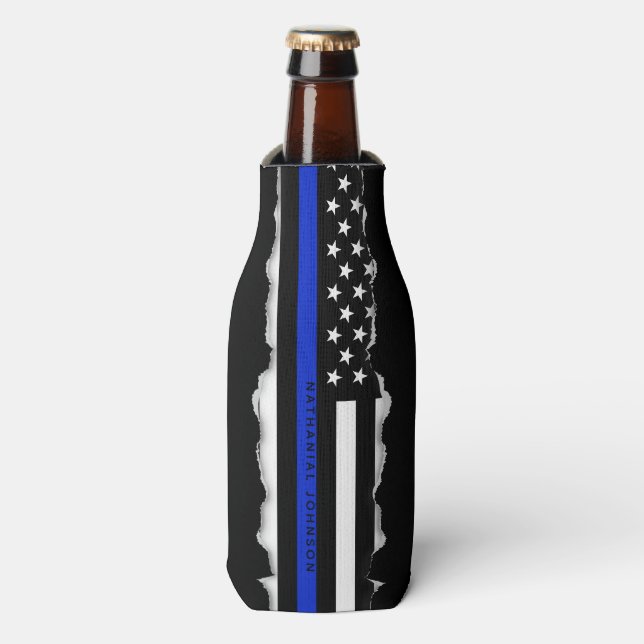Custom Name Torn Out Look Thin Blue Line Flag Bottle Cooler (Bottle Front)