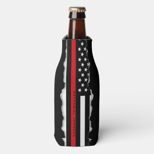 Custom Name Torn Out Look Thin Red Line Flag FF Bottle Cooler