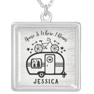 Custom Name Trailer Camping Rving Typography Silver Plated Necklace