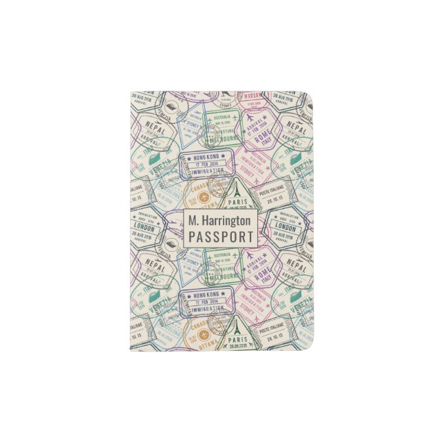 Custom name Travel Stamps Pattern Passport Holder (Front)