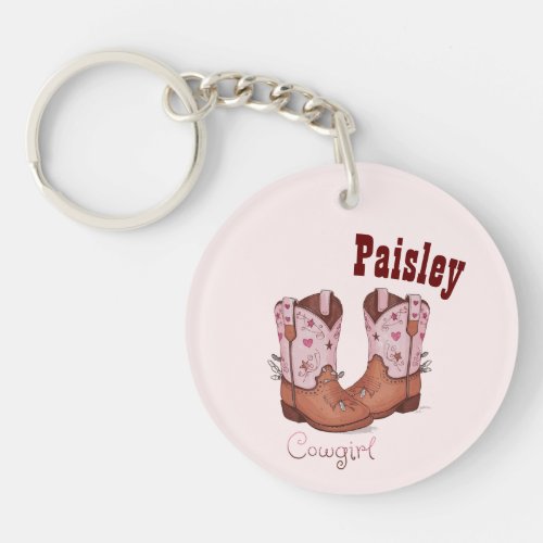 Custom Name Trendy Cute CowGirl Boots Pink Brown Keychain