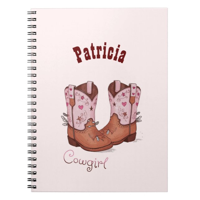 Custom Name Trendy Cute CowGirl Boots Pink Brown Notebook (Front)