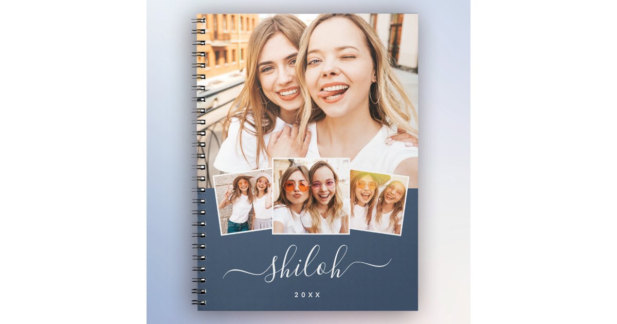 Modern Collage Note Custom Name Trendy Modern Script 4 Photo Collage Notebook | Zazzle