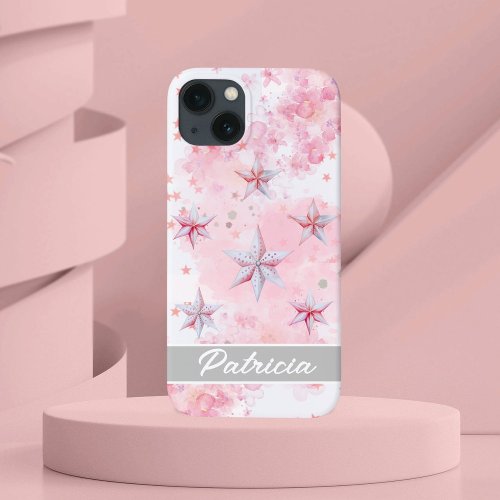 Custom Name Trendy Watercolor Stars Pink  iPhone 13 Case