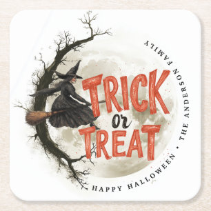 Custom Name Trick or Treat Vintage Witch Halloween Square Paper Coaster