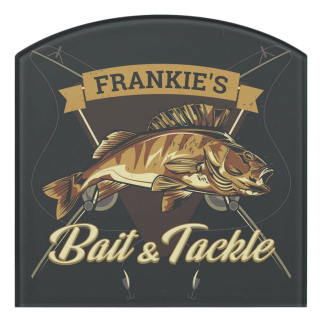 Custom NAME Trophy Fishing Angler Bait Tackle Shop Door Sign (Contour Front)
