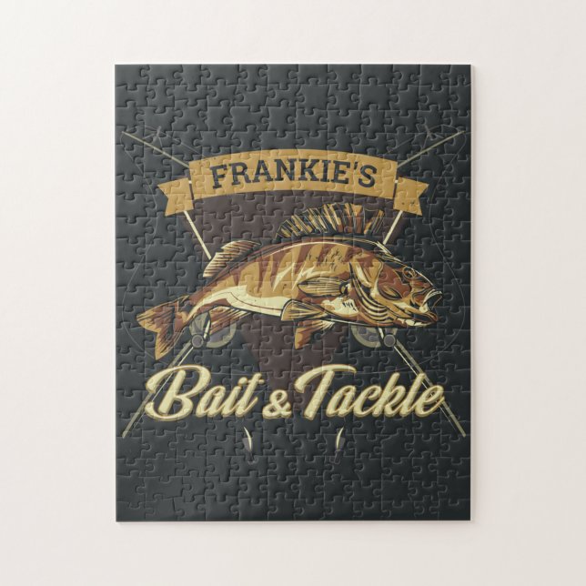 Custom NAME Trophy Fishing Angler Bait Tackle Shop Jigsaw Puzzle (Vertical)
