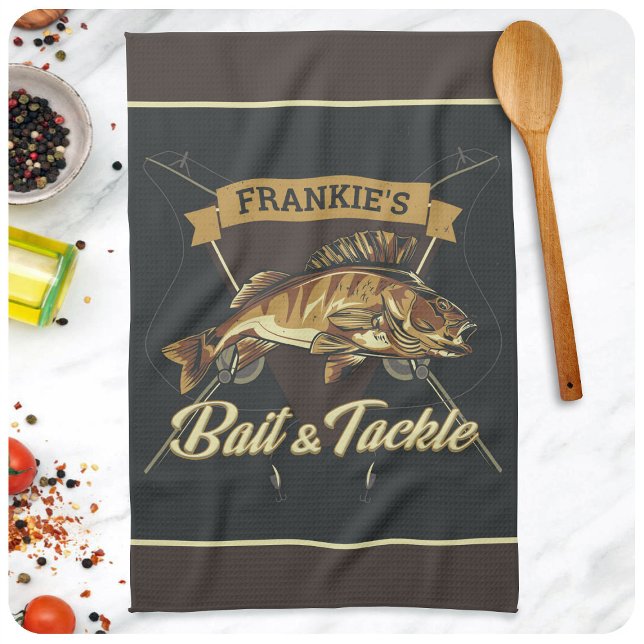 Custom NAME Trophy Fishing Angler Bait Tackle Shop Kitchen Towel (Creator Uploaded)