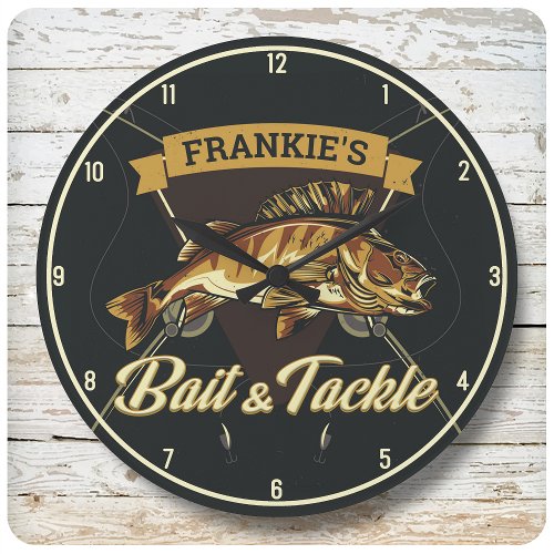 Custom NAME Trophy Fishing Angler Bait Tackle Shop Large Clock
