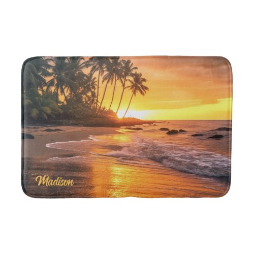Custom Name Tropical Beach Sunset Bath Mat