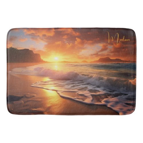 Custom Name Tropical Beach Sunset Bath Mat