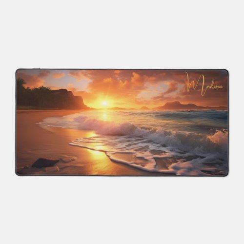 Custom Name Tropical Beach Sunset Desk Mat