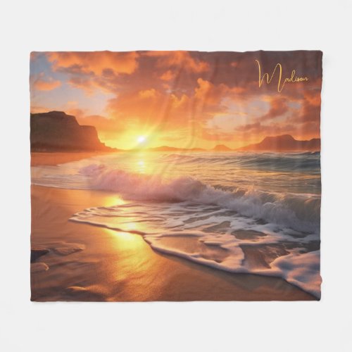 Custom Name Tropical Beach Sunset Fleece Blanket