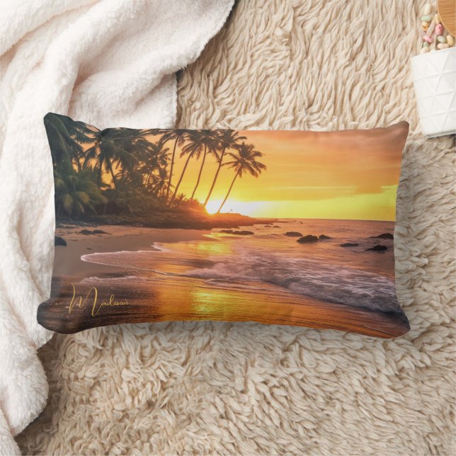 Custom Name Tropical Beach Sunset Lumbar Pillow (Blanket)