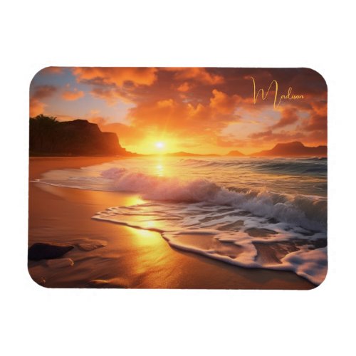 Custom Name Tropical Beach Sunset Magnet