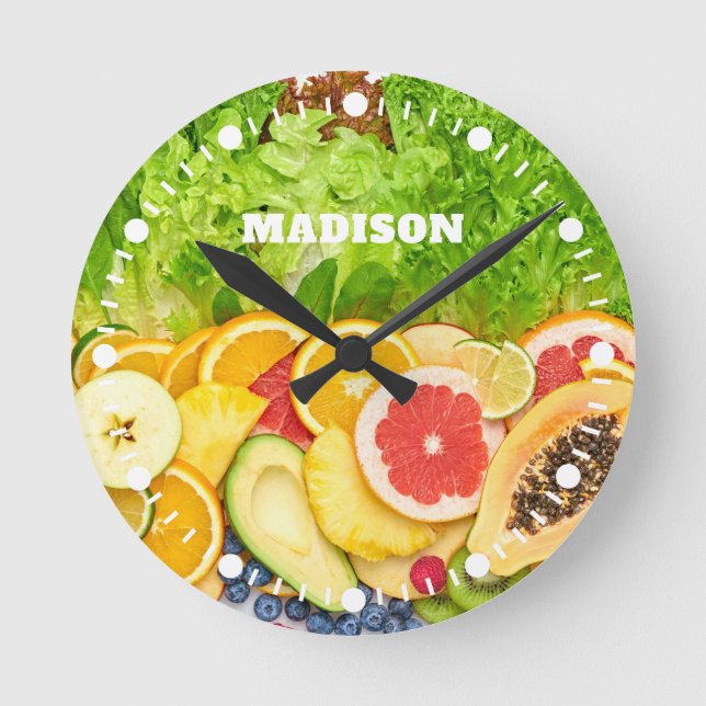 Custom Name Tropical Fruits Round Clock (Front)