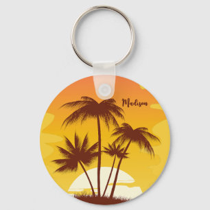 Custom Name Tropical Island Sunset Keychain