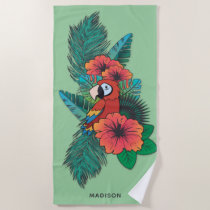 Custom name Tropical Parrot Beach Towel