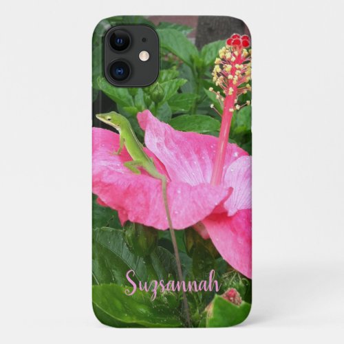Custom Name Tropical Pink Hibiscus Anole Lizard iPhone 11 Case