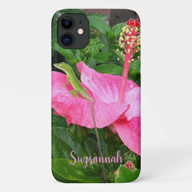 Custom Name Tropical Pink Hibiscus Anole Lizard Case-Mate iPhone Case (Back)