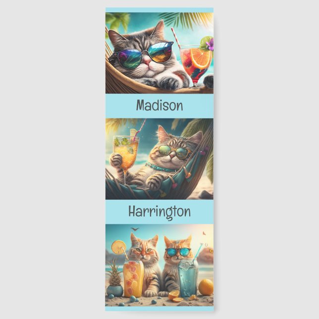 Custom Name Tropical Vacation Cats Bookmarks (Front)