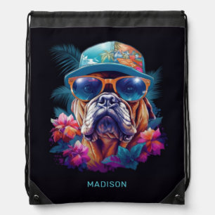 Custom Name Tropical Vacation Dog Drawstring Bag