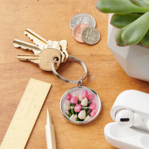 Custom Name Tulips on Pink Keychain