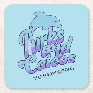 Custom Name Turks and Caicos Dolphin Square Paper Coaster