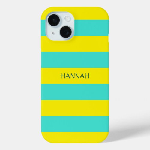 Custom Name Turquoise and Yellow Stripes iPhone 15 Case