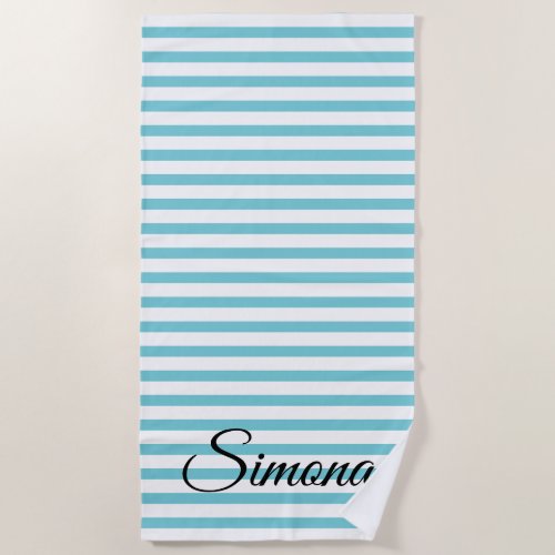 Custom name turquoise blue  white striped pattern beach towel