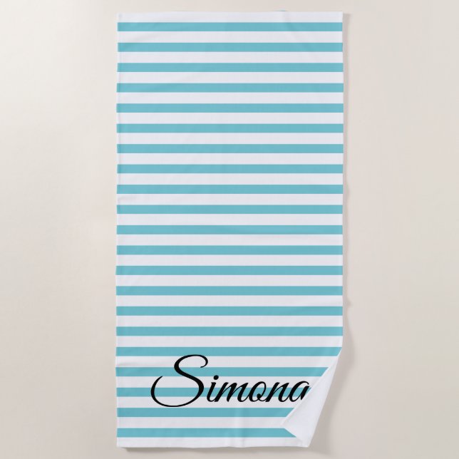 Custom name turquoise blue & white striped pattern beach towel (Front)