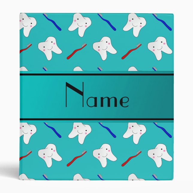 Custom name turquoise brushes and tooth pattern 3 ring binder (Front)