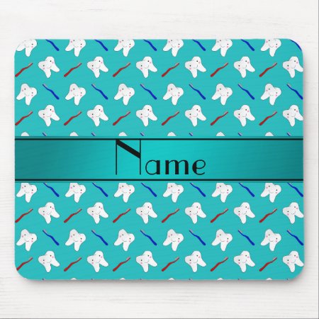 Custom Name Turquoise Brushes And Tooth Pattern Mouse Pad