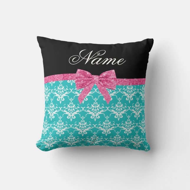 Custom name turquoise damask pink glitter bow throw pillow (Front)