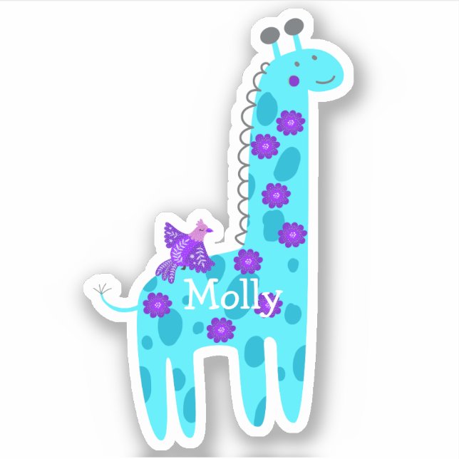 Custom Name Turquoise Giraffe Purple Bird Laptop  Sticker (Front)