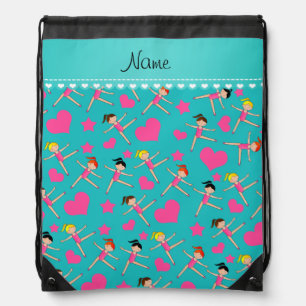 Custom name turquoise girl gymnasts hearts stars drawstring bag