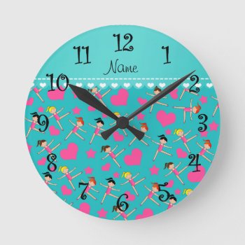 Custom Name Turquoise Girl Gymnasts Hearts Stars Round Clock by Brothergravydesigns at Zazzle