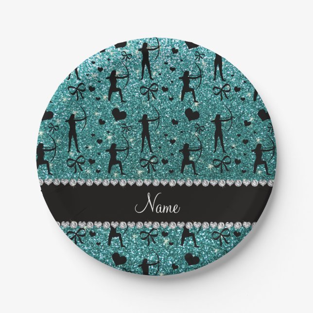 Custom name turquoise glitter archery paper plates (Front)