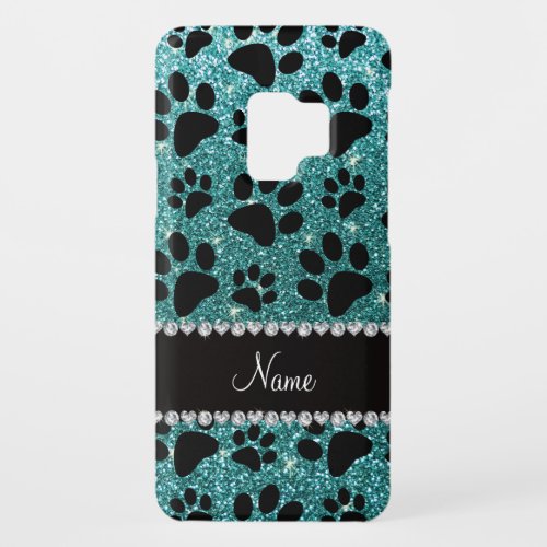 Custom name turquoise glitter black dog paws Case_Mate samsung galaxy s9 case