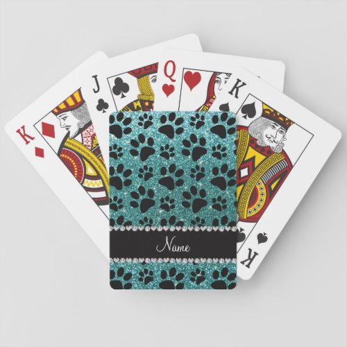 Custom name turquoise glitter black dog paws poker cards