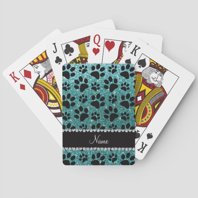 Custom name turquoise glitter black dog paws poker cards (Back)