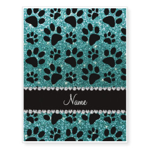 Custom name turquoise glitter black dog paws temporary tattoos