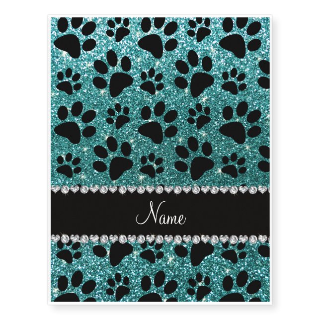 Custom name turquoise glitter black dog paws temporary tattoos (Front)