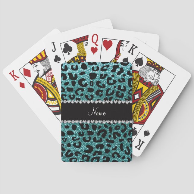 Custom name turquoise glitter cheetah print poker cards (Back)