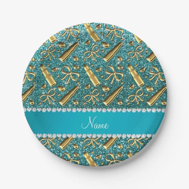 Custom name turquoise glitter gold lipstick paper plates (Front)