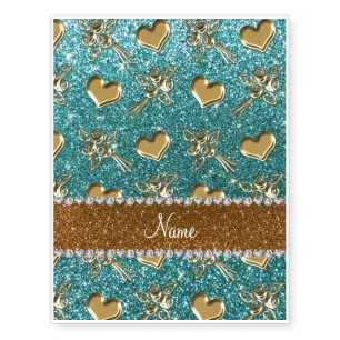 Custom name turquoise glitter gold roses hearts temporary tattoos