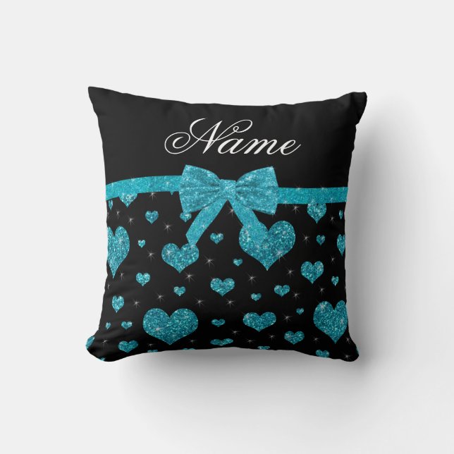 Custom name turquoise glitter hearts bow throw pillow (Front)