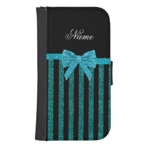 Custom name turquoise glitter stripes bow wallet phone case for samsung galaxy s4