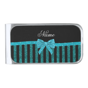 Custom name turquoise glitter stripes bow silver finish money clip